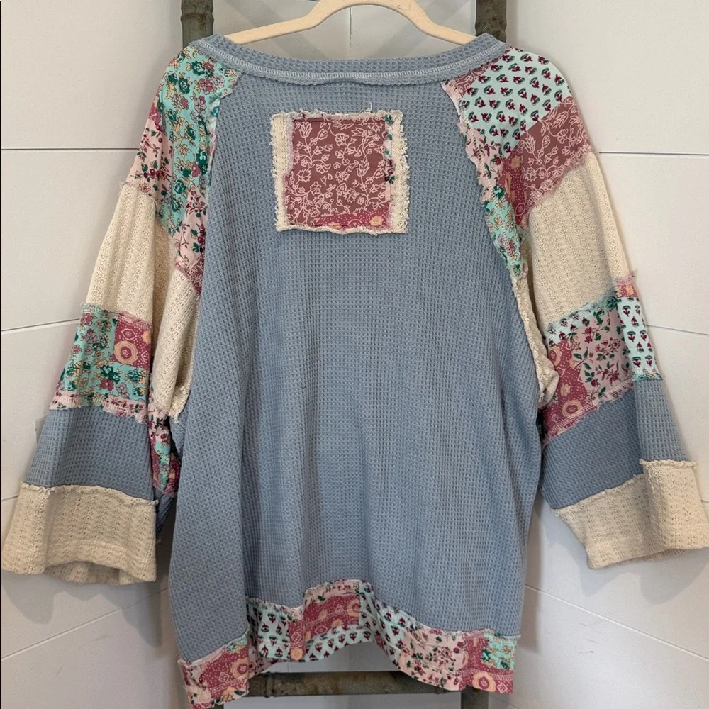 NEW 48 hr preview price : POL Patchwork Peace Sign Top - Blue and Pink - Picture 5 of 6